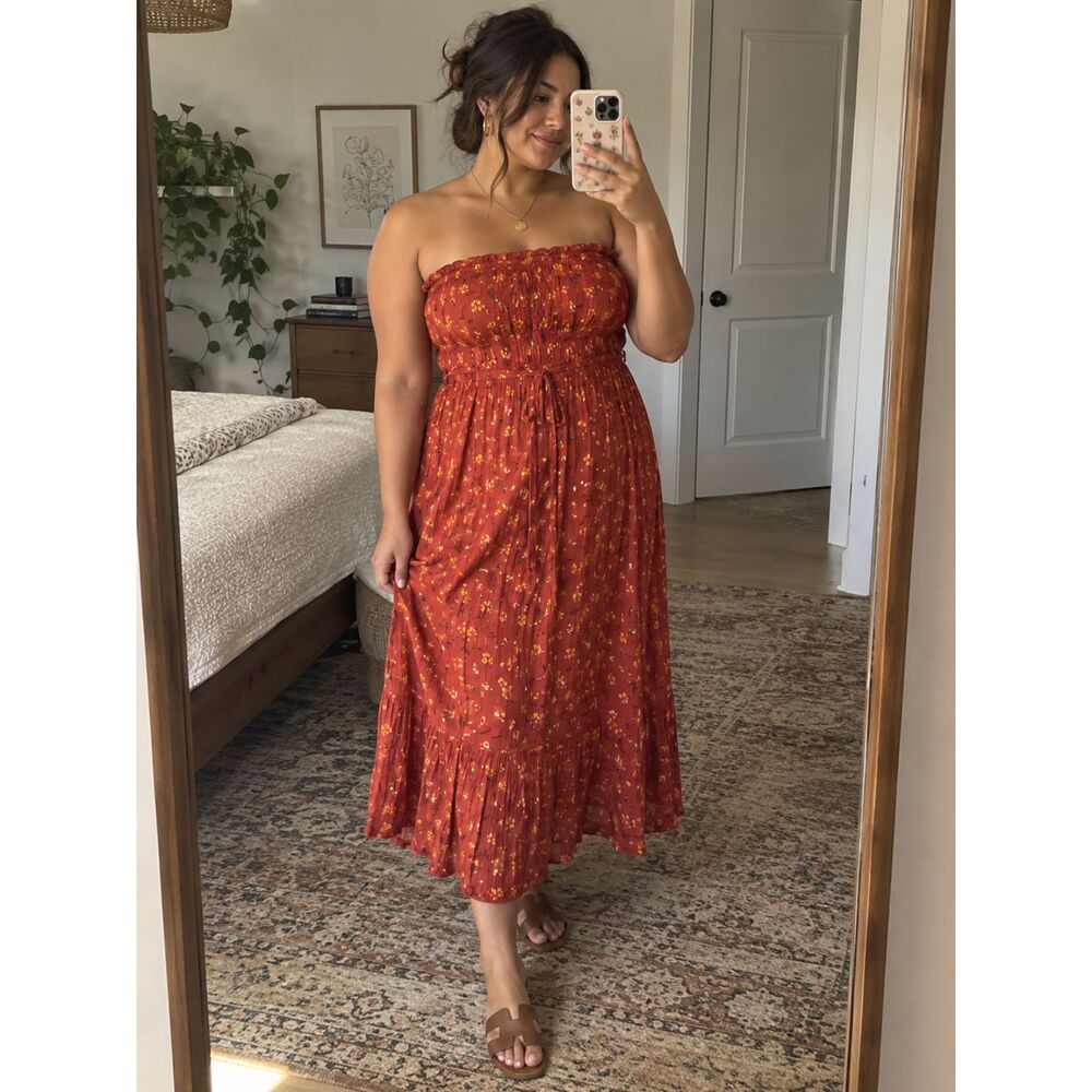 Dual Nature Terracotta Ditsy Floral Tube Dress Large Boho Cottagecore Sz L